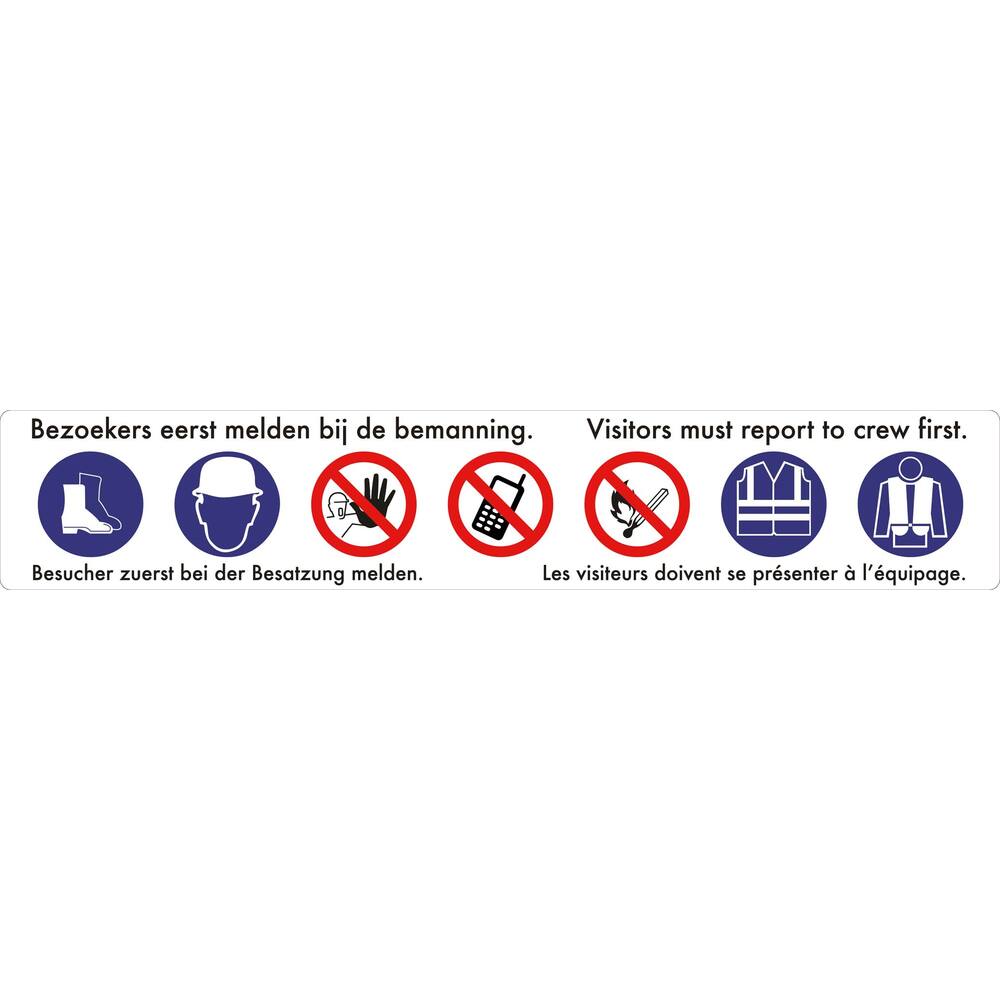 Plaque ou autocollant combiné avec 7 symboles de sécurité – 4 langues (Néerlandais, Anglais, Allemand, Français) – 128 x 23 cm