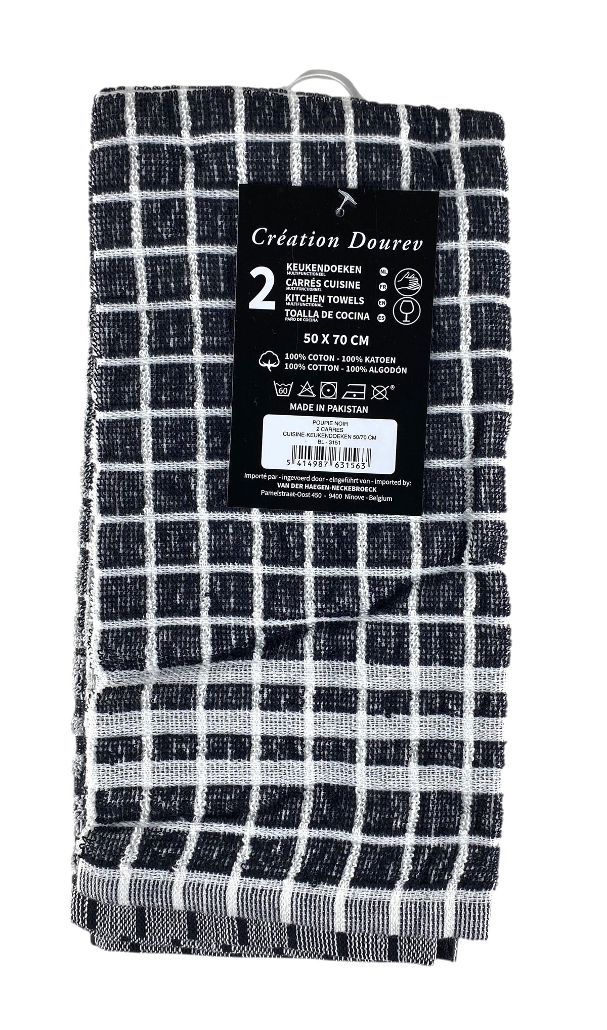 Lot de 2 Essuie-Mains noir/blanc - 100% Coton - 315g/m² - 50x70cm